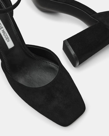 HARTLYN Black Suede Square-Toe Block Heel Ankle Strap Women's Heel