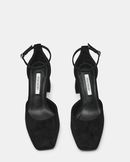 HARTLYN Black Suede Square-Toe Block Heel Ankle Strap Women's Heel