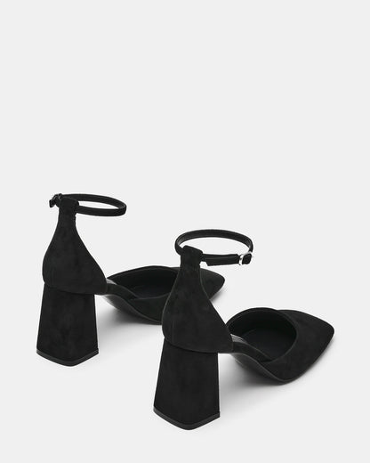 HARTLYN Black Suede Square-Toe Block Heel Ankle Strap Women's Heel
