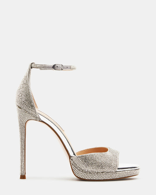 WILEY Silver Rhinestones Open Toe Stiletto Heel | Women's Heels
