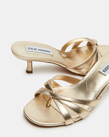 CARY Gold Leather Square-Toe Strappy Mule Women's Heel