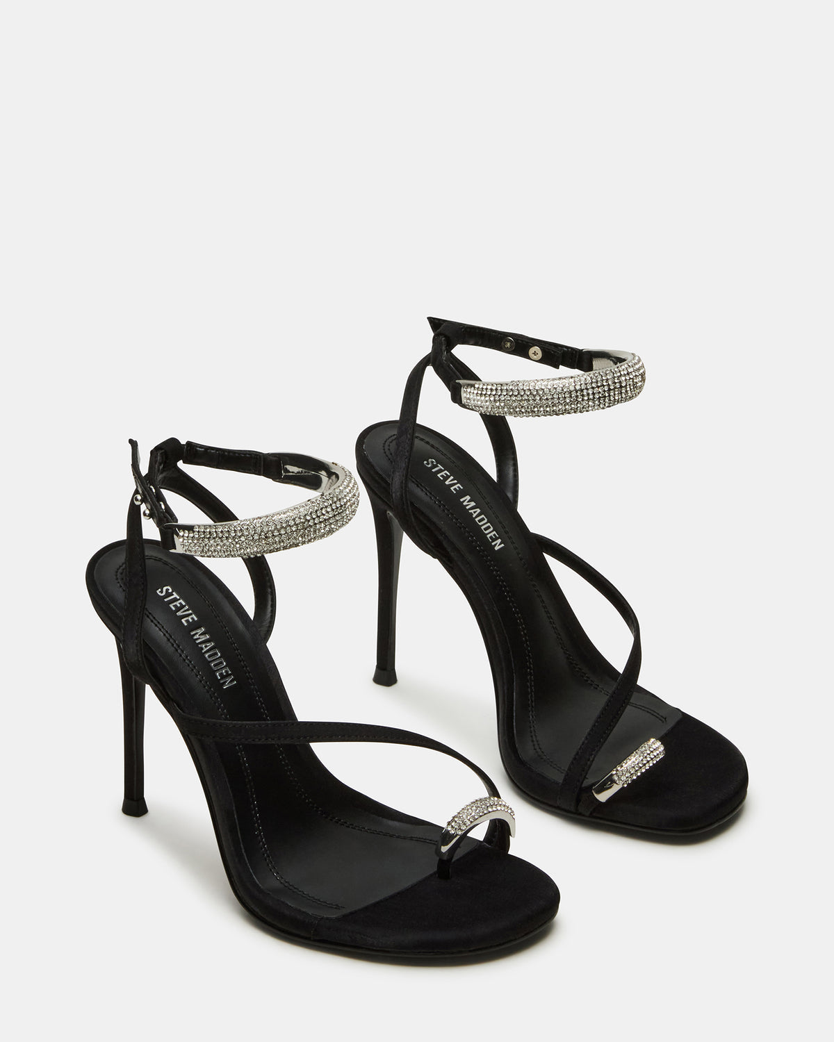 TIA Rhinestones Black Satin Open-Toe Stiletto Women's Heel