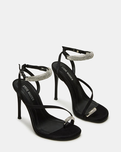 TIA Rhinestones Black Satin Open-Toe Stiletto Women's Heel