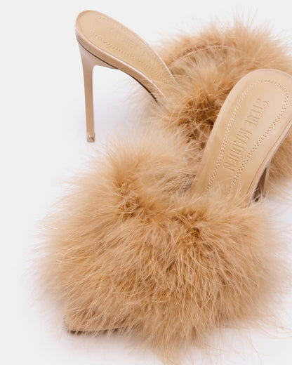 ASHBEY Tan Multi Pointed-Toe Feather Mule Stiletto Women's Heel