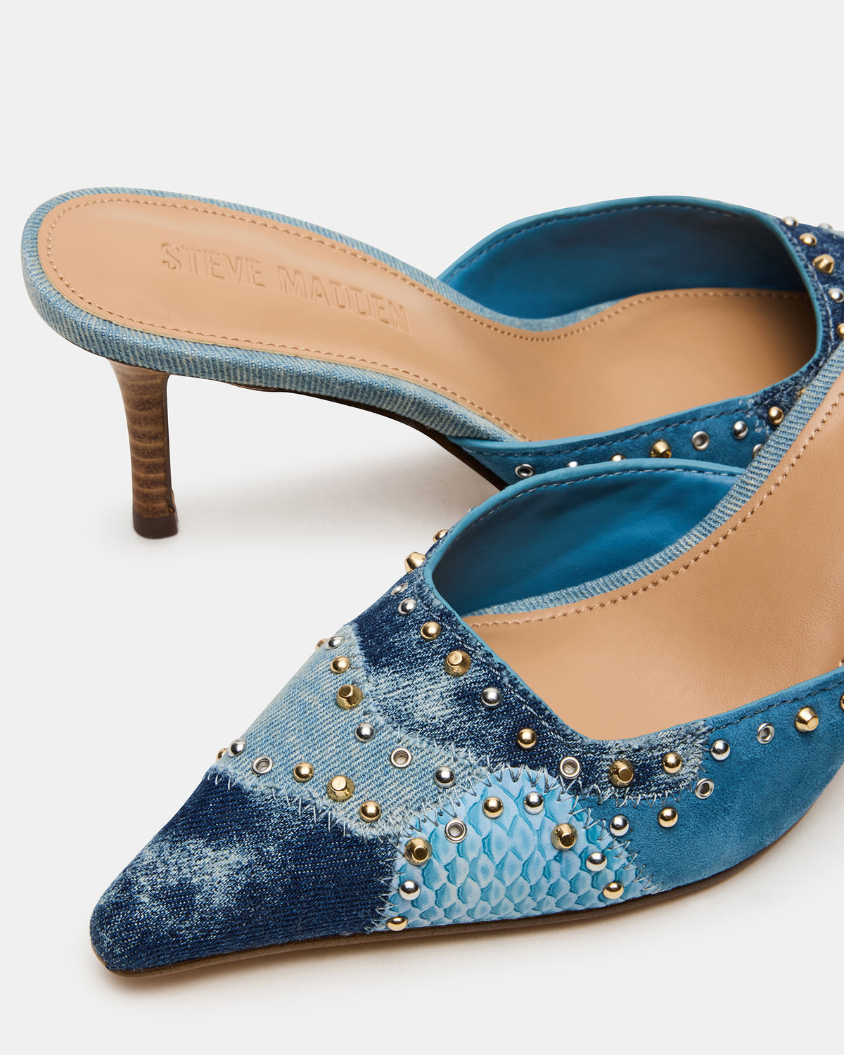 ALEXI Denim Multi Studs Pointed-Toe Mule Women's Heel