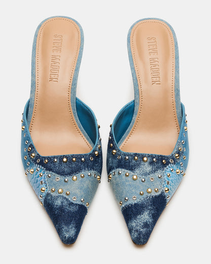 ALEXI Denim Multi Studs Pointed-Toe Mule Women's Heel