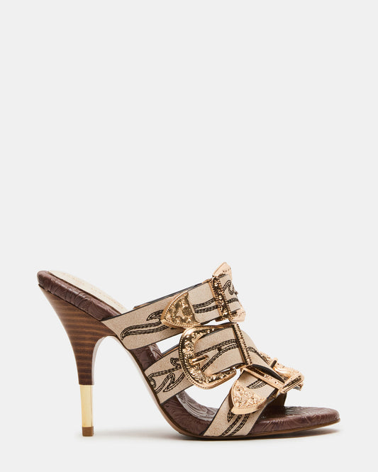 FARRA White Distressed Western-Inspired Stiletto Buckle Mule Women's Heel