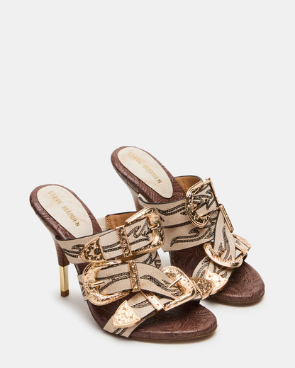 FARRA White Distressed Western-Inspired Stiletto Buckle Mule Women's Heel
