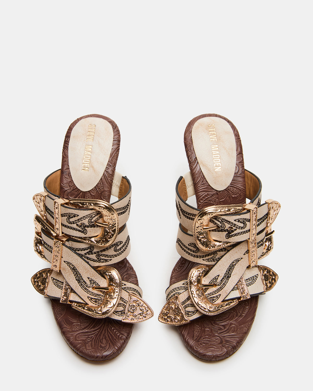 FARRA White Distressed Western-Inspired Stiletto Buckle Mule Women's Heel