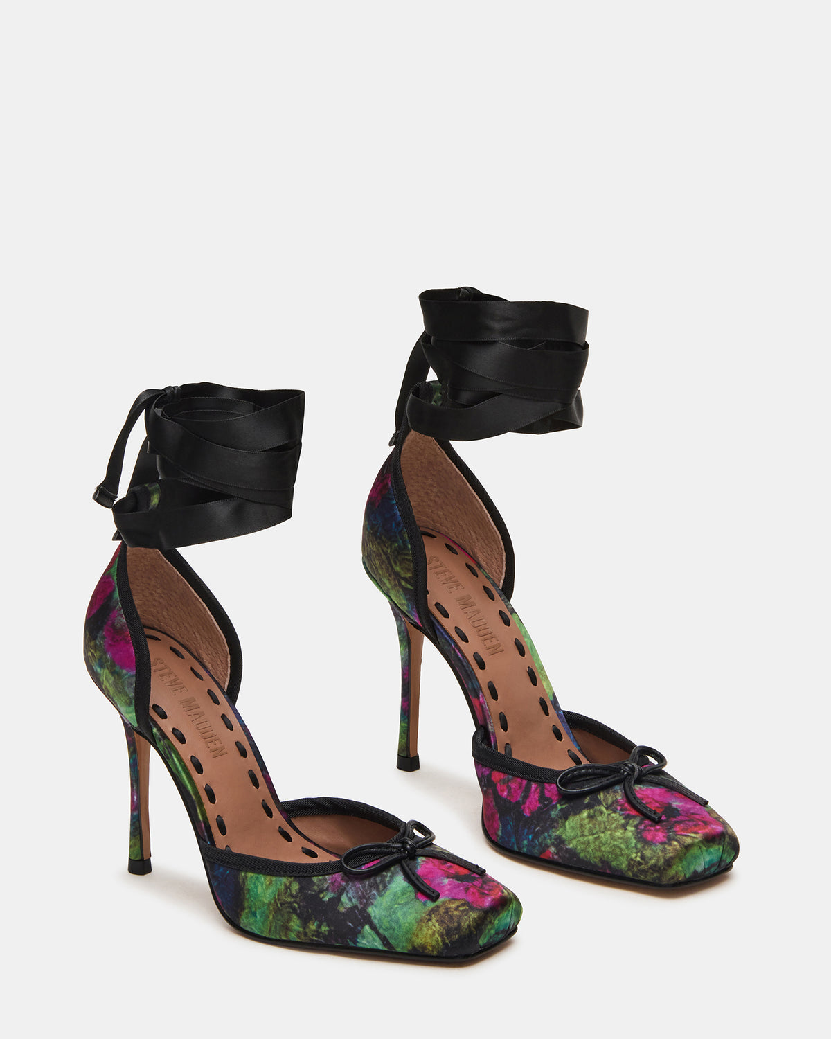LARINA Floral Satin Square-Toe Stiletto Pump Lace-Up Women's Heel