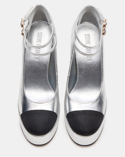 PEYTON Silver Leather Block Heel Platform Women's Heel