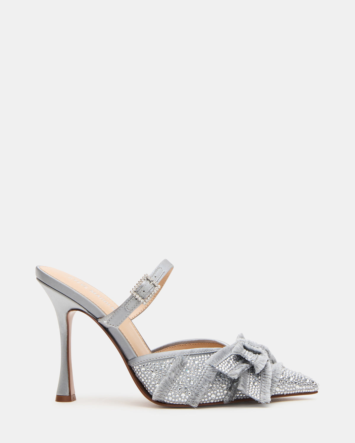 BAYLIN Grey Satin Rhinestones Bow Pointed-Toe Stiletto Women's Heel