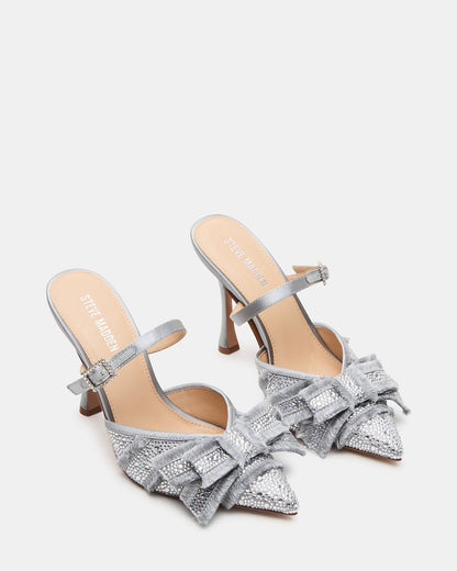 BAYLIN Grey Satin Rhinestones Bow Pointed-Toe Stiletto Women's Heel