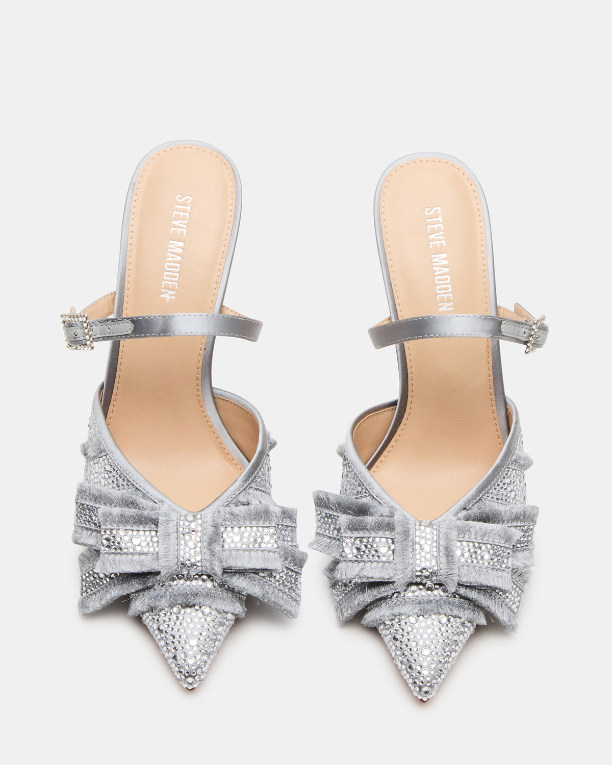 BAYLIN Grey Satin Rhinestones Bow Pointed-Toe Stiletto Women's Heel