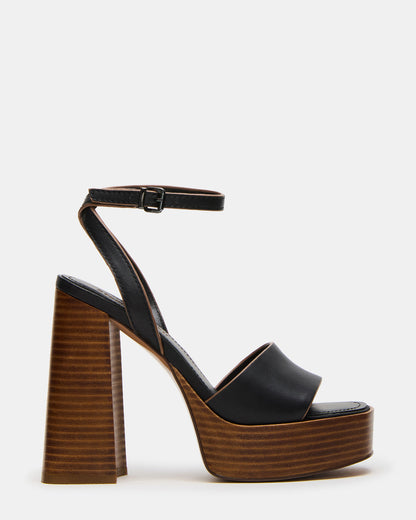 FLORIA Black Leather Women's Platform Square-Toe Block Heel