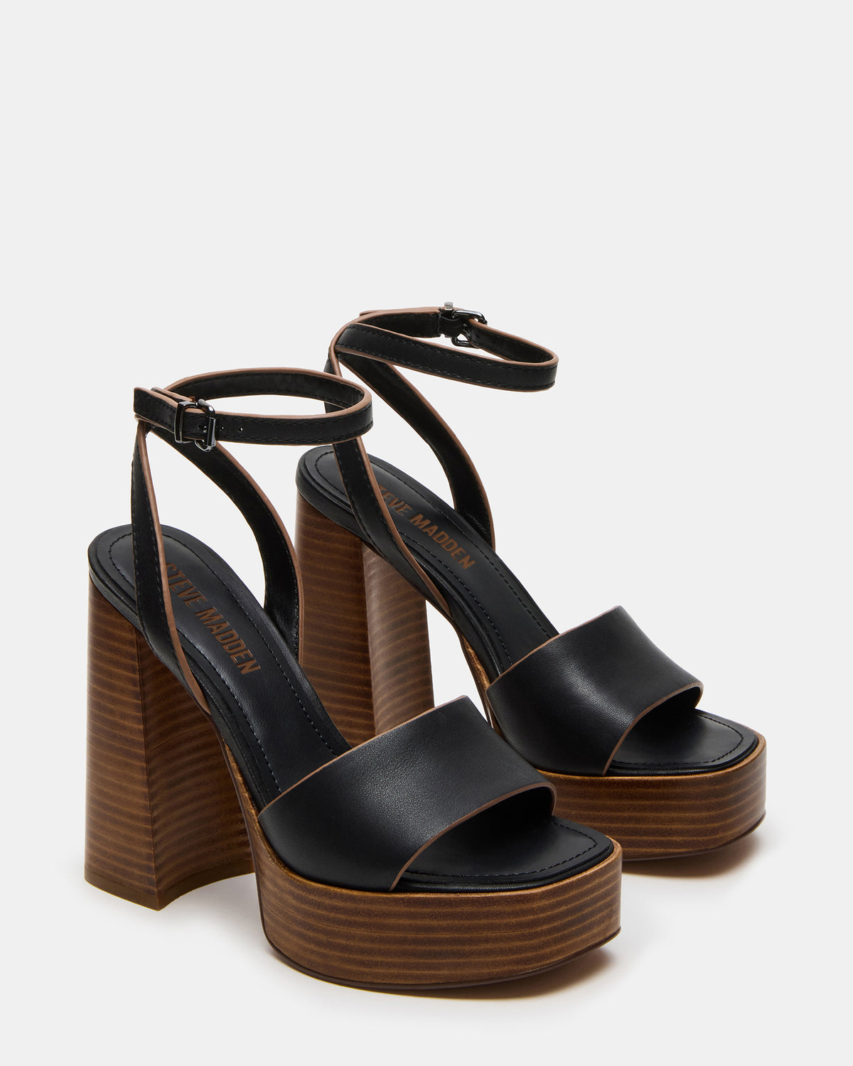 FLORIA Black Leather Women's Platform Square-Toe Block Heel