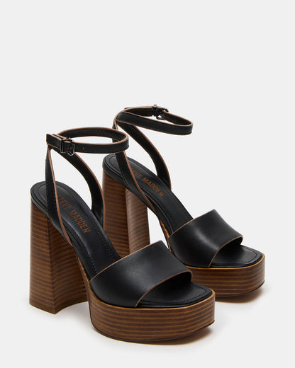 FLORIA Black Leather Women's Platform Square-Toe Block Heel
