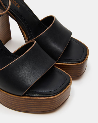 FLORIA Black Leather Women's Platform Square-Toe Block Heel