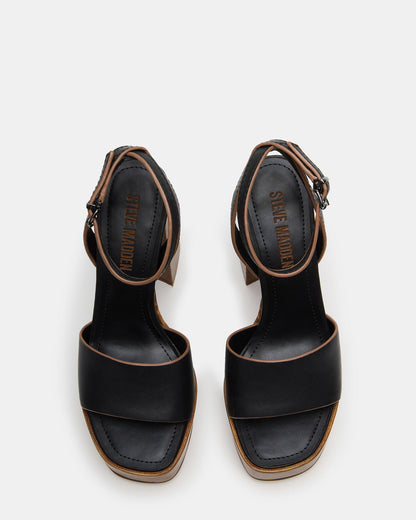 FLORIA Black Leather Women's Platform Square-Toe Block Heel