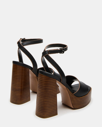 FLORIA Black Leather Women's Platform Square-Toe Block Heel
