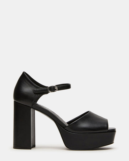 LONDON Black Leather Platfrom Block Heel Square-Toe Women's Heel