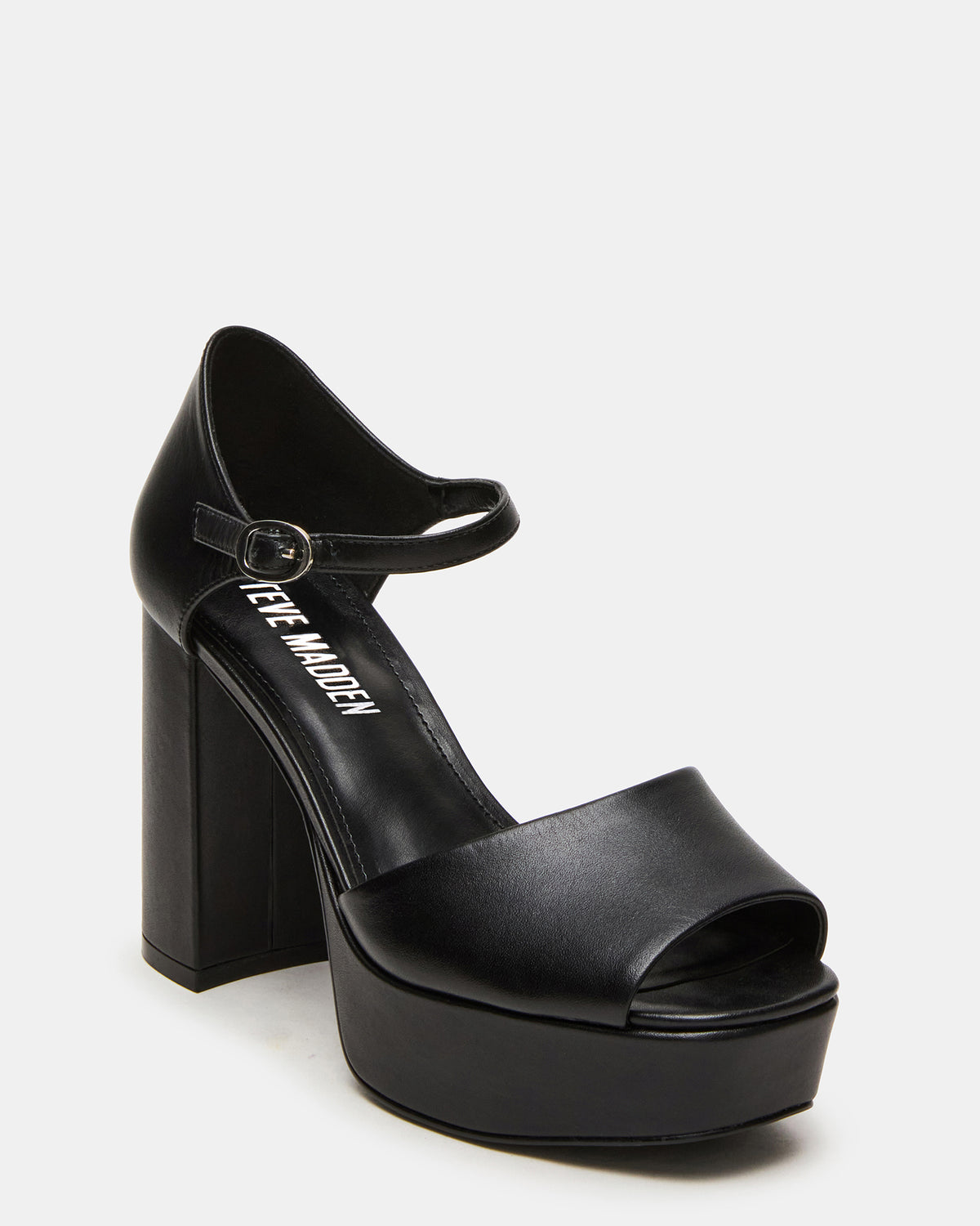 LONDON Black Leather Platfrom Block Heel Square-Toe Women's Heel