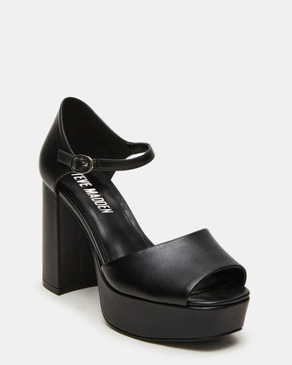LONDON Black Leather Platfrom Block Heel Square-Toe Women's Heel