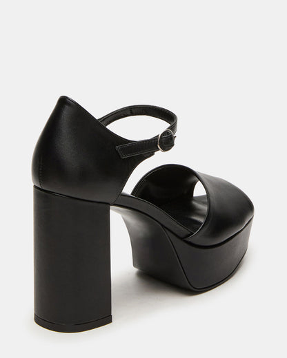 LONDON Black Leather Platfrom Block Heel Square-Toe Women's Heel