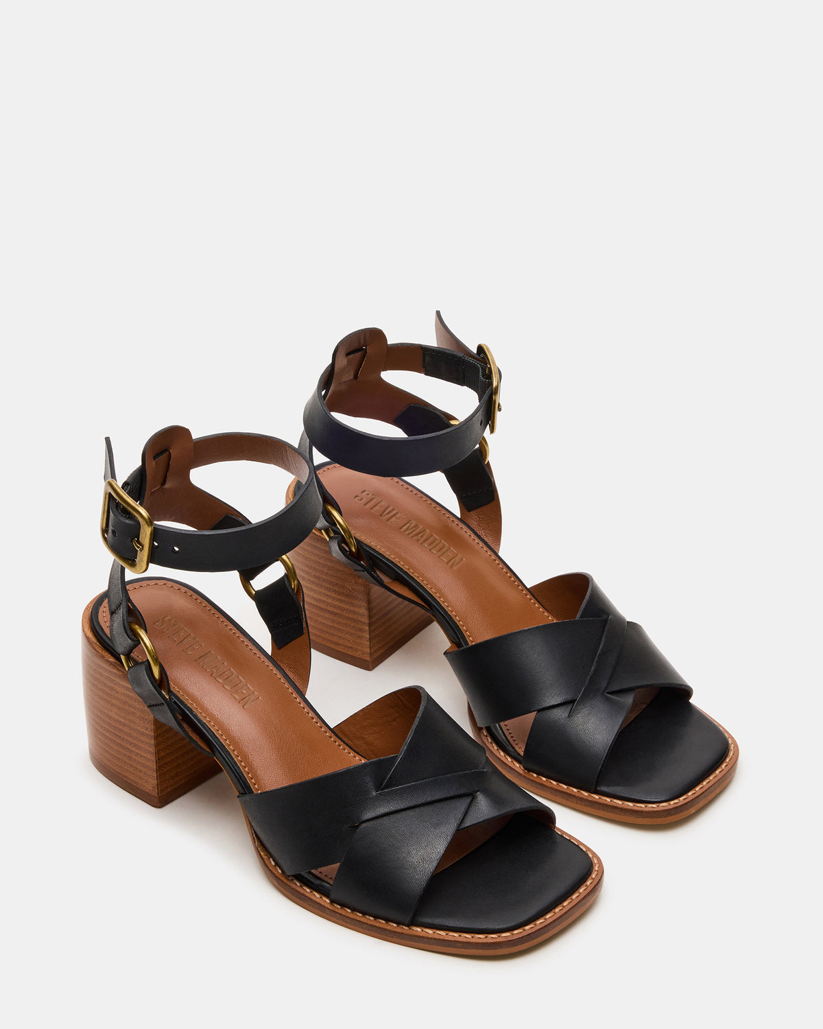 TRURO Black Leather Strappy Wood Bottom Square-Toe Women's Heel