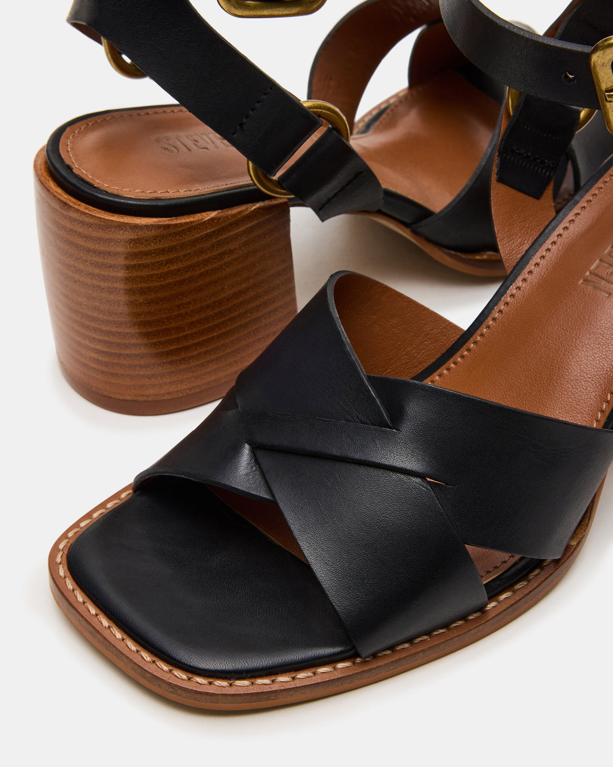 TRURO Black Leather Strappy Wood Bottom Square-Toe Women's Heel
