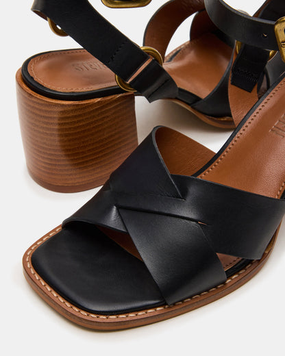 TRURO Black Leather Strappy Wood Bottom Square-Toe Women's Heel