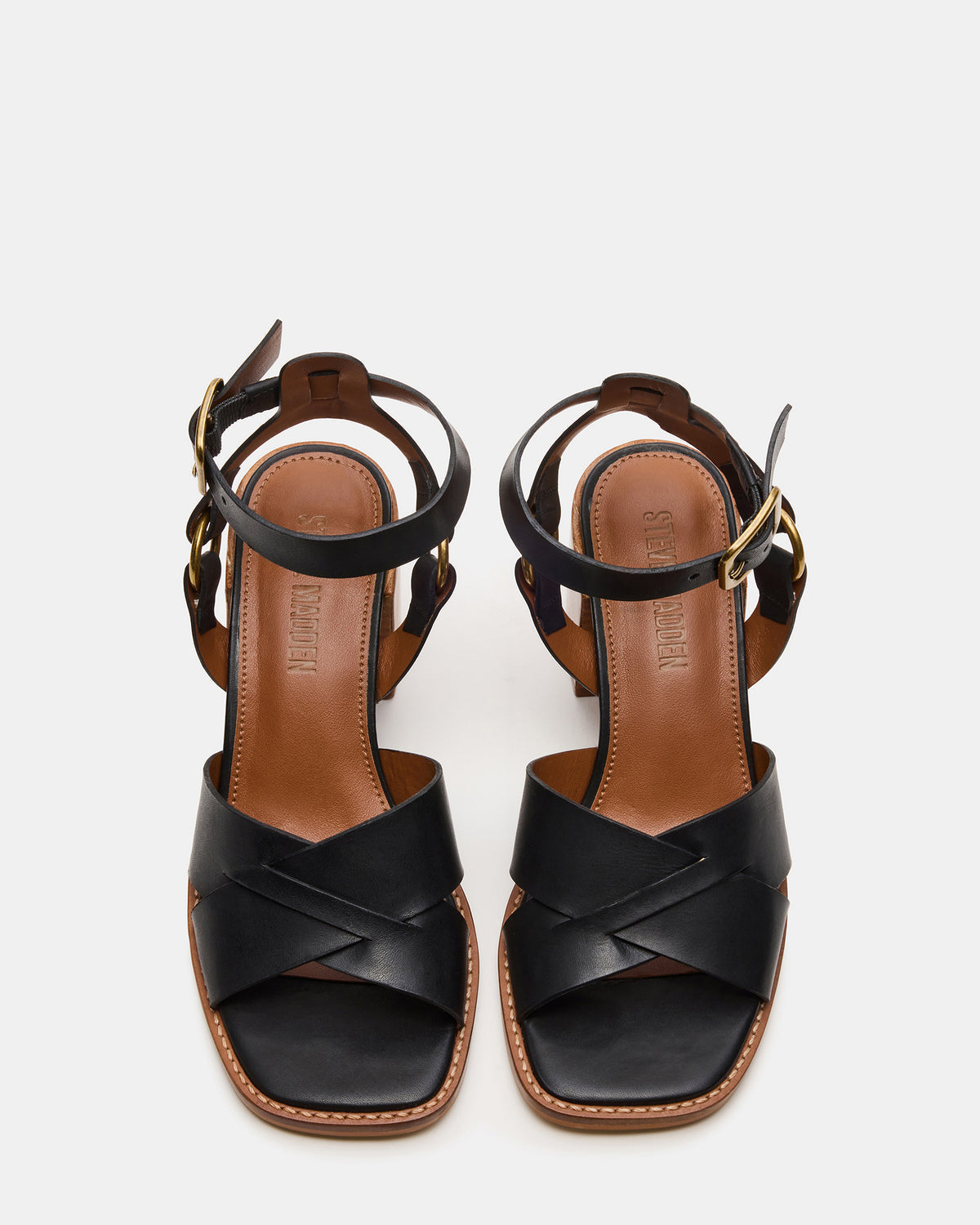 TRURO Black Leather Strappy Wood Bottom Square-Toe Women's Heel