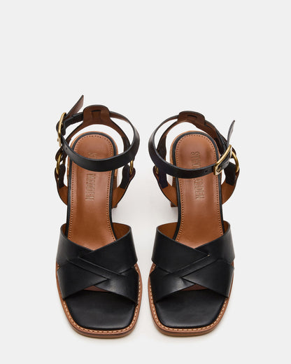 TRURO Black Leather Strappy Wood Bottom Square-Toe Women's Heel