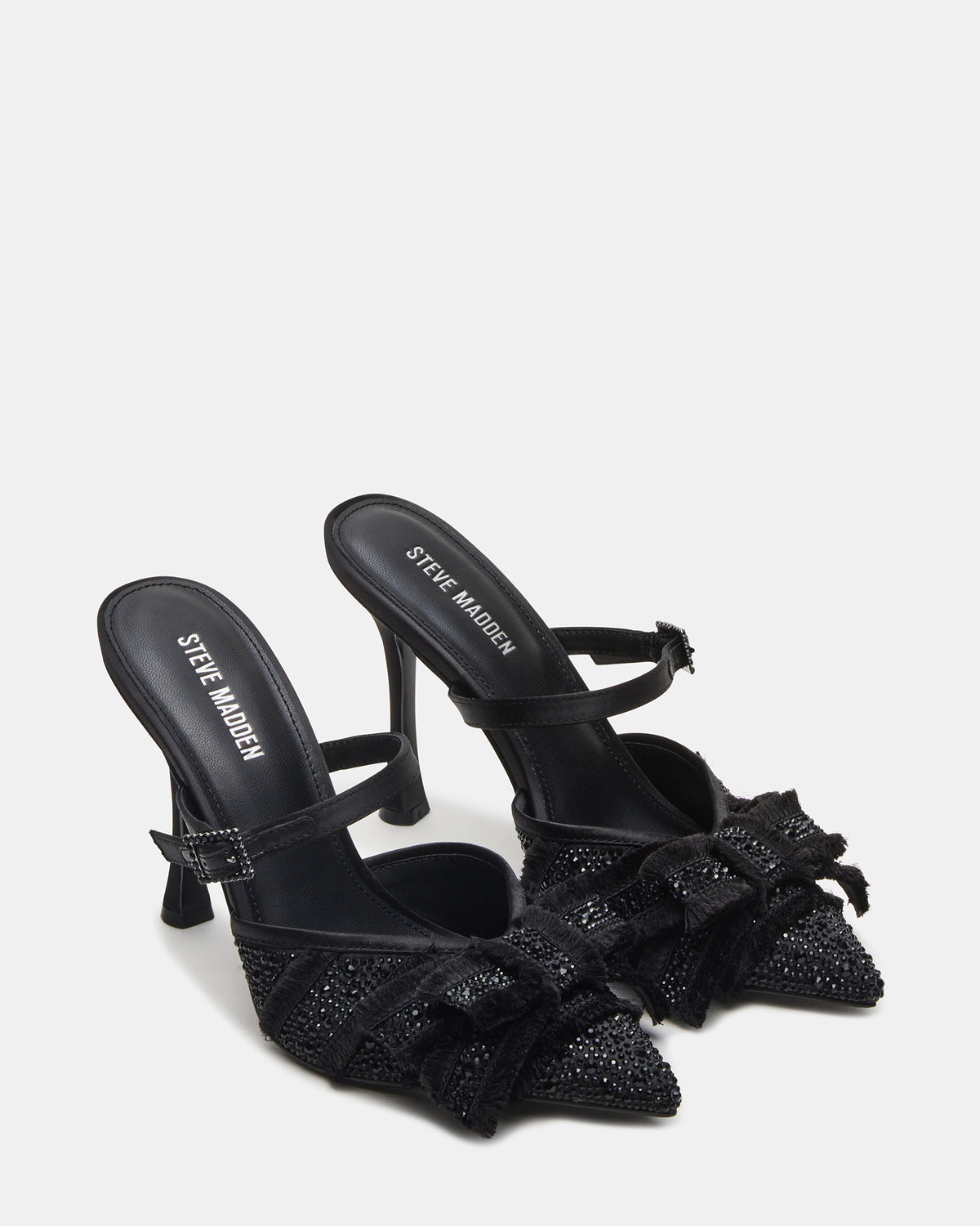 BAYLIN Black Satin Rhinestones Bow Pointed-Toe Stiletto Women's Heel