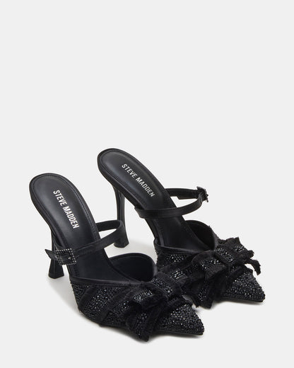 BAYLIN Black Satin Rhinestones Bow Pointed-Toe Stiletto Women's Heel