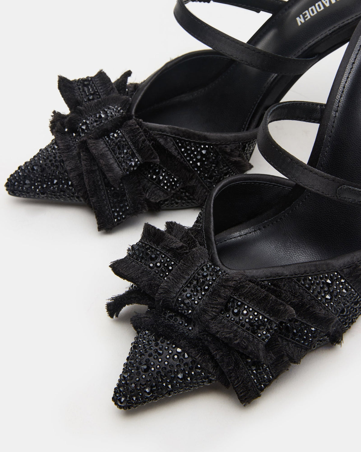 BAYLIN Black Satin Rhinestones Bow Pointed-Toe Stiletto Women's Heel