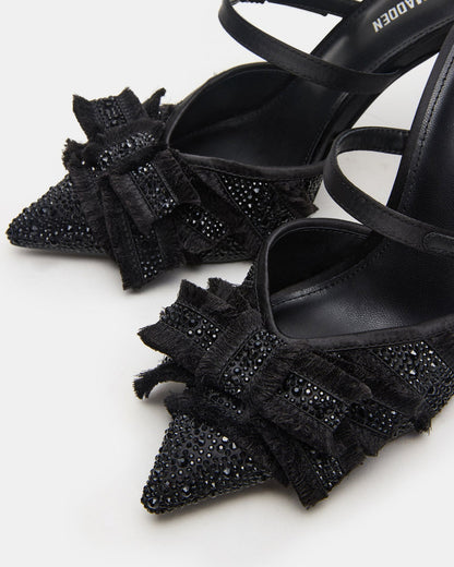 BAYLIN Black Satin Rhinestones Bow Pointed-Toe Stiletto Women's Heel