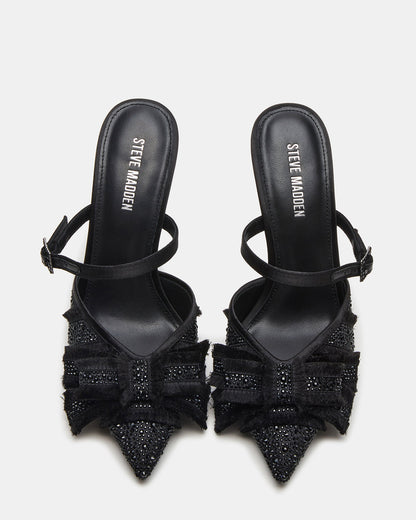 BAYLIN Black Satin Rhinestones Bow Pointed-Toe Stiletto Women's Heel