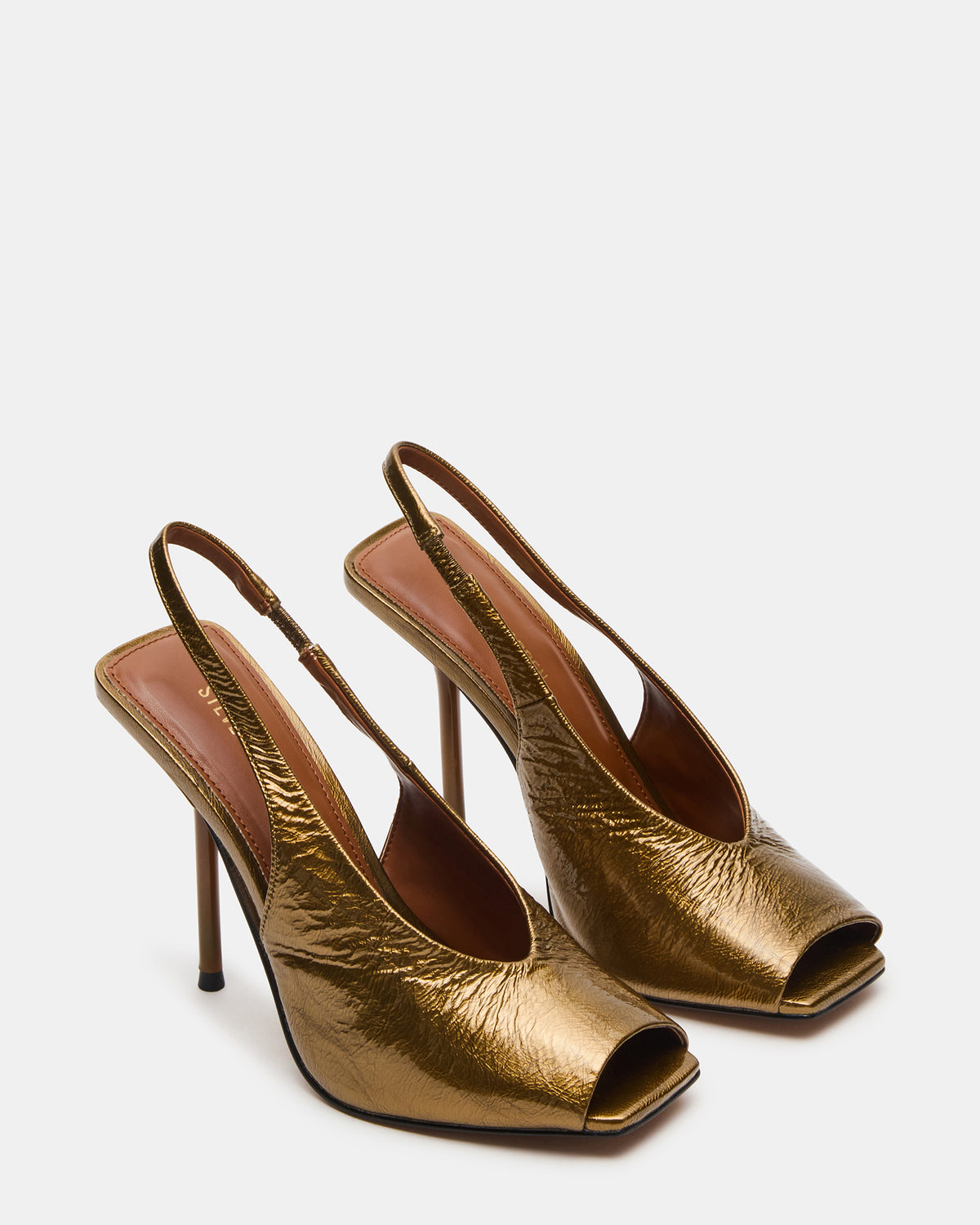 LUCIAN Olive Crinkle Patent Square-Toe Peep-Toe Slingback Women's Heel