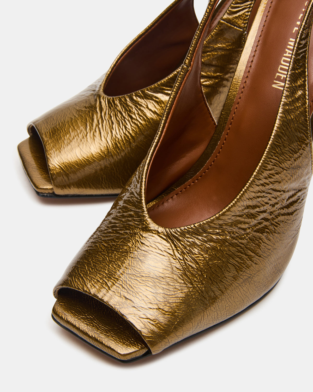 LUCIAN Olive Crinkle Patent Square-Toe Peep-Toe Slingback Women's Heel