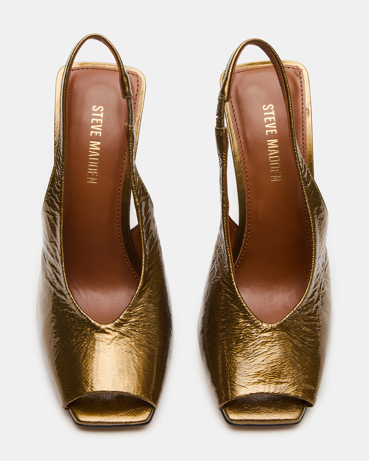LUCIAN Olive Crinkle Patent Square-Toe Peep-Toe Slingback Women's Heel