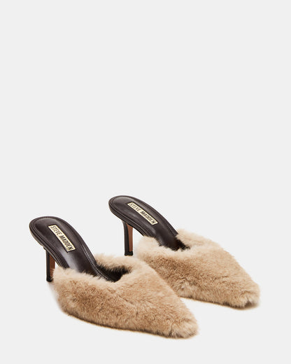 ALEXI Faux Fur Tan Pointed-Toe Mule Women's Heel