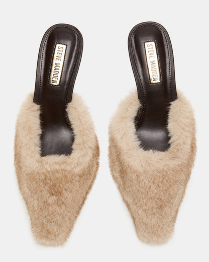 ALEXI Faux Fur Tan Pointed-Toe Mule Women's Heel