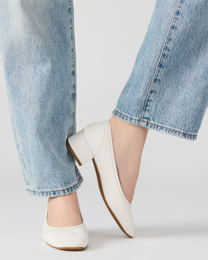 MOLLIE White Leather Ballet Women's Block Heels