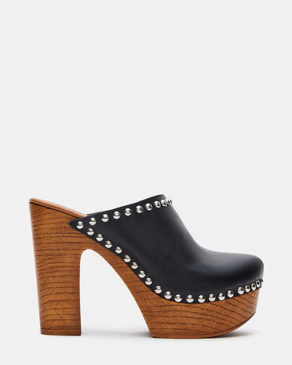 DUTCHESS Black Leather Women's Studded Platform Mule Clog Heel