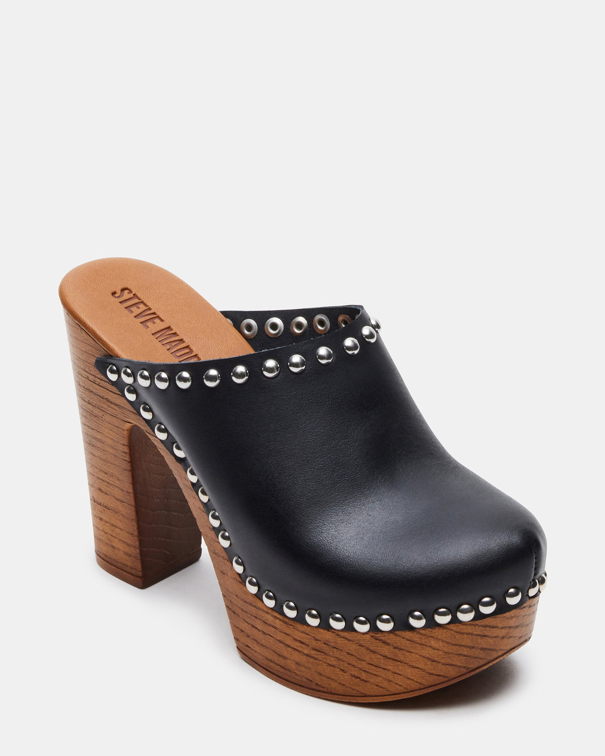 DUTCHESS Black Leather Women's Studded Platform Mule Clog Heel