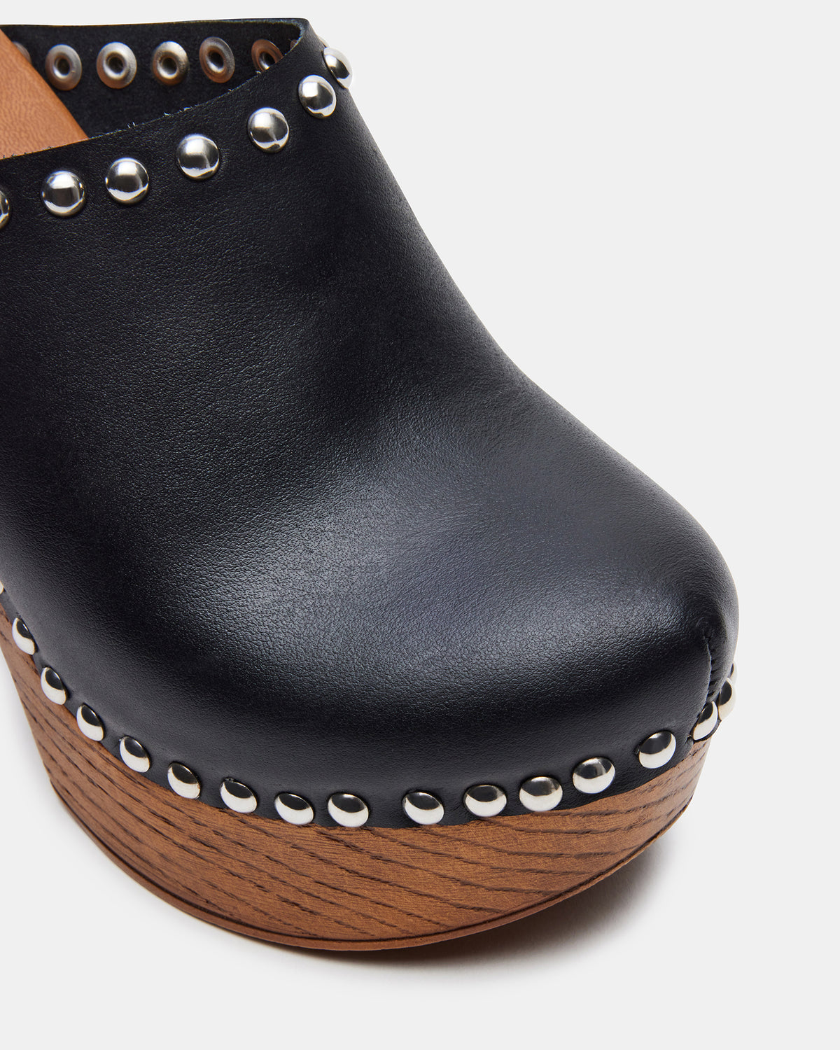 DUTCHESS Black Leather Women's Studded Platform Mule Clog Heel