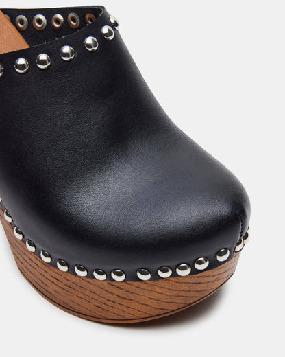 DUTCHESS Black Leather Women's Studded Platform Mule Clog Heel