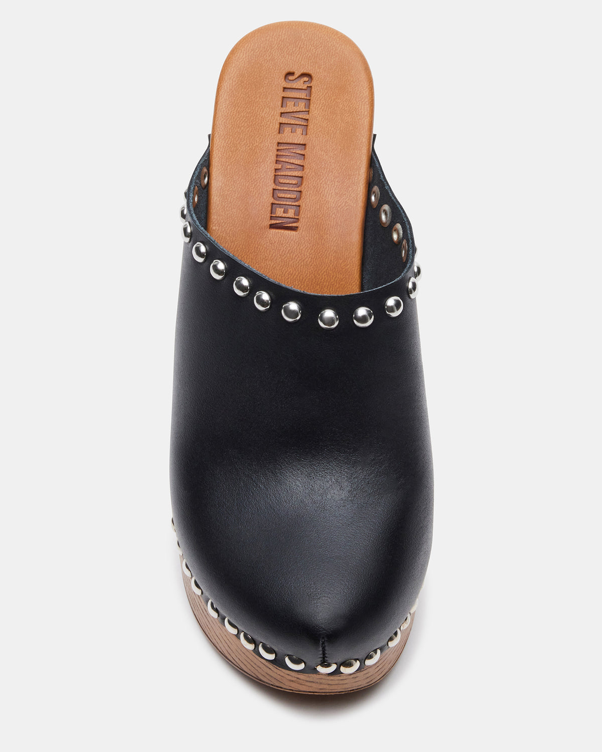 DUTCHESS Black Leather Women's Studded Platform Mule Clog Heel