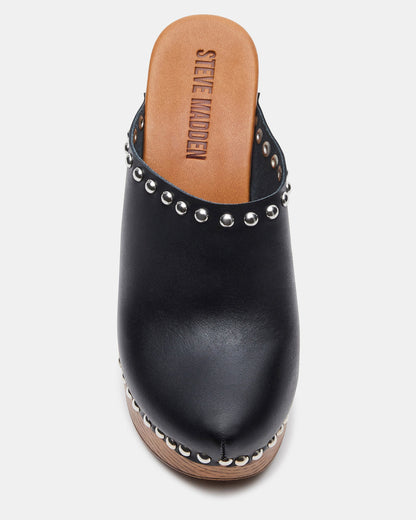 DUTCHESS Black Leather Women's Studded Platform Mule Clog Heel